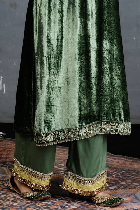 Shop_Soniya G_Green Microfiber, Velvet, Chiffon Sequins, Embroidery Kurta Palazzo Set For Kids_Online_at_Aza_Fashions