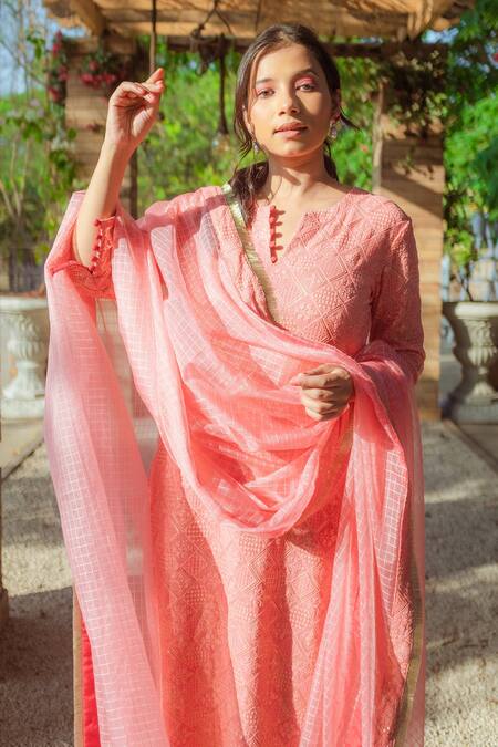 Shop_Monk & Mei By Sonia Anand_Peach Georgette Embroidery, Sequins, Tassels V-neck Kurta Set _Online_at_Aza_Fashions