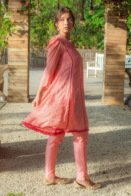 Monk & Mei By Sonia Anand Peach Georgette Sequins, Embroidery Split V-neck Anarkali Set Online at Aza Fashions Monk & Mei By Sonia Anand_Peach Georgette Sequins, Embroidery Split V-neck Anarkali Set _Online_at_Aza_Fashions