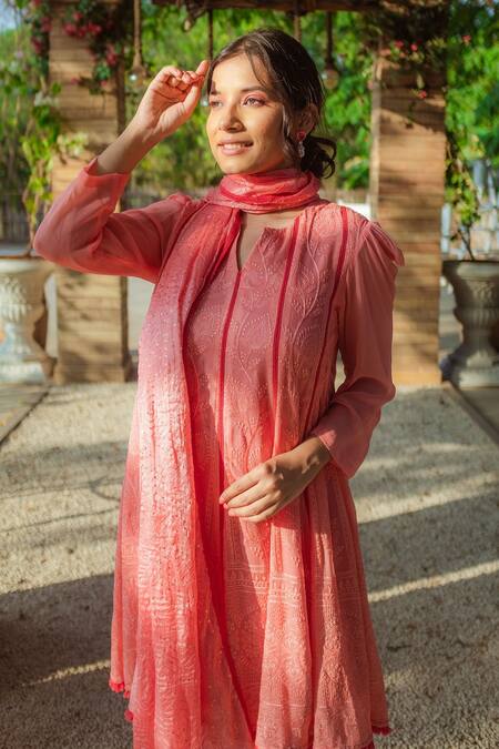 Shop Monk & Mei By Sonia Anand Peach Georgette Sequins, Embroidery Split V-neck Anarkali Set Online at Aza Fashions Shop_Monk & Mei By Sonia Anand_Peach Georgette Sequins, Embroidery Split V-neck Anarkali Set _Online_at_Aza_Fashions