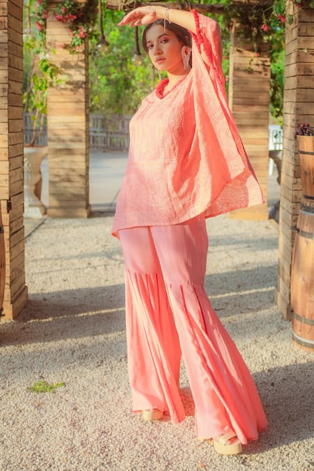 Buy_Monk & Mei By Sonia Anand_Peach Georgette Embroidery, Zari V-neck Kaftan And Sharara Set _Online_at_Aza_Fashions