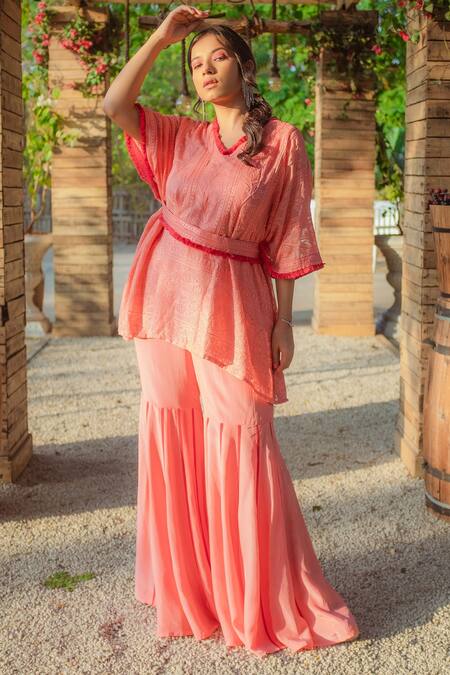 Shop_Monk & Mei By Sonia Anand_Peach Georgette Embroidery, Zari V-neck Kaftan And Sharara Set _Online_at_Aza_Fashions