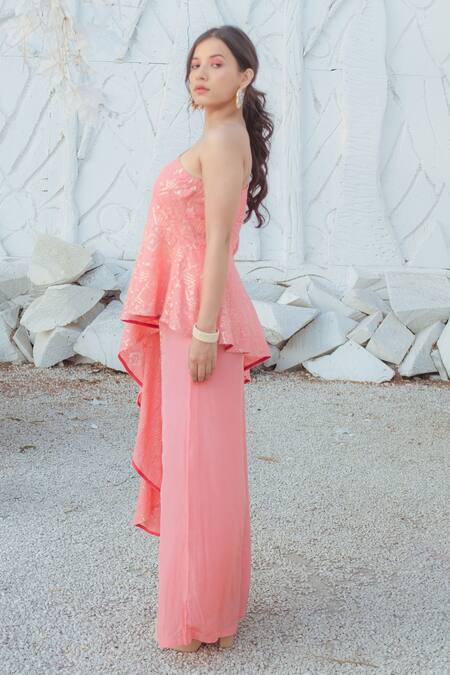 Monk & Mei By Sonia Anand Peach Georgette Sequins, Pearls One Shoulder High Low Top And Palazzo Set Online at Aza Fashions Monk & Mei By Sonia Anand_Peach Georgette Sequins, Pearls One Shoulder High Low Top And Palazzo Set _Online_at_Aza_Fashions