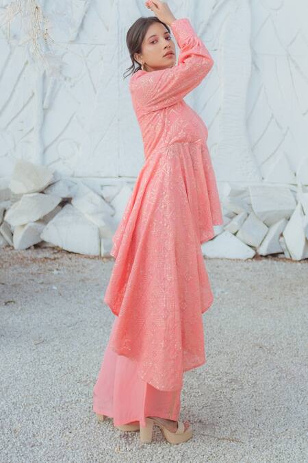 Buy Monk & Mei By Sonia Anand Peach Georgette Sequins, Pearls One Shoulder High Low Top And Palazzo Set Online at Aza Fashions Buy_Monk & Mei By Sonia Anand_Peach Georgette Sequins, Pearls One Shoulder High Low Top And Palazzo Set _Online_at_Aza_Fashions
