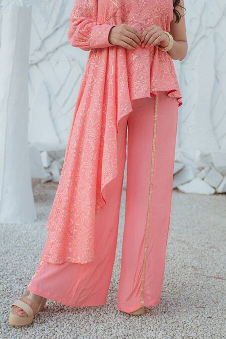 Shop Monk & Mei By Sonia Anand Peach Georgette Sequins, Pearls One Shoulder High Low Top And Palazzo Set Online at Aza Fashions Shop_Monk & Mei By Sonia Anand_Peach Georgette Sequins, Pearls One Shoulder High Low Top And Palazzo Set _Online_at_Aza_Fashions