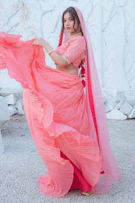 Shop Monk & Mei By Sonia Anand Peach Georgette Beads, Tassels V-neck Chikankari Embroidered Lehenga Set Online at Aza Fashions Shop_Monk & Mei By Sonia Anand_Peach Georgette Beads, Tassels V-neck Chikankari Embroidered Lehenga Set _Online_at_Aza_Fashions