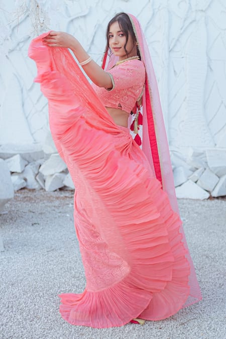 Monk & Mei By Sonia Anand Peach Georgette Beads, Tassels V-neck Chikankari Embroidered Lehenga Set at Aza Fashions Monk & Mei By Sonia Anand_Peach Georgette Beads, Tassels V-neck Chikankari Embroidered Lehenga Set _at_Aza_Fashions