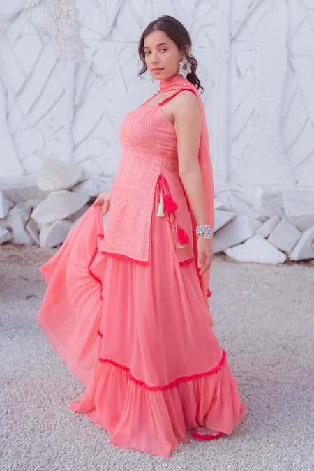 Monk & Mei By Sonia Anand_Peach Georgette Embroidery, Tassels Square Neck Straight Kurta Lehenga Set _Online_at_Aza_Fashions