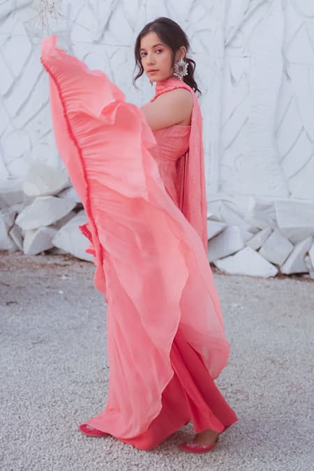 Buy_Monk & Mei By Sonia Anand_Peach Georgette Embroidery, Tassels Square Neck Straight Kurta Lehenga Set _Online_at_Aza_Fashions