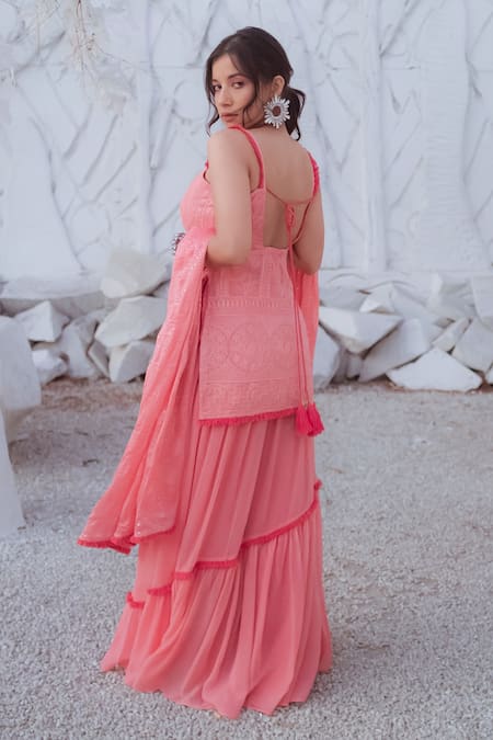 Shop_Monk & Mei By Sonia Anand_Peach Georgette Embroidery, Tassels Square Neck Straight Kurta Lehenga Set _Online_at_Aza_Fashions
