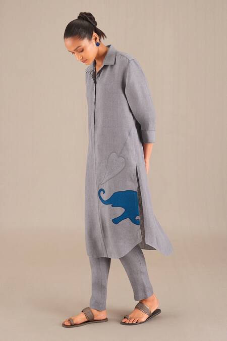Ampm_Grey Linen Embroidery Collared Placement Kurta With Pant_Online_at_Aza_Fashions