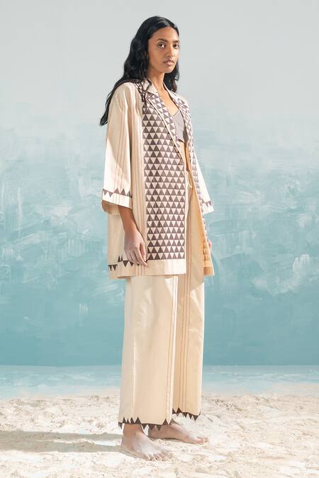 Ikai By Ragini Ahuja_Beige Cotton Applique, Cut Work Nile Cut-work Pant_Online_at_Aza_Fashions