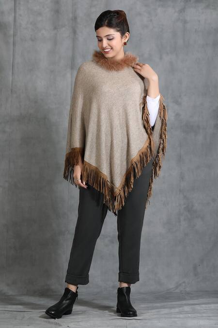 Dusala Beige Cashmere Fine Wool Round Handwoven Poncho Online at Aza Fashions Dusala_Beige Cashmere Fine Wool Round Handwoven Poncho_Online_at_Aza_Fashions