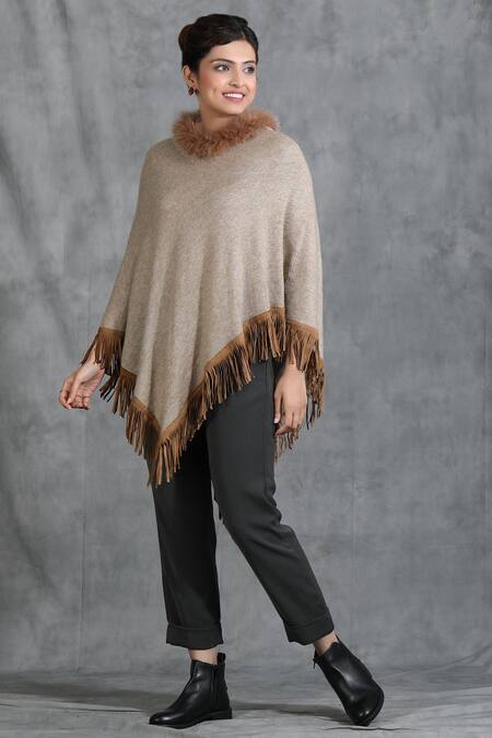 Buy Dusala Beige Cashmere Fine Wool Round Handwoven Poncho Online at Aza Fashions Buy_Dusala_Beige Cashmere Fine Wool Round Handwoven Poncho_Online_at_Aza_Fashions
