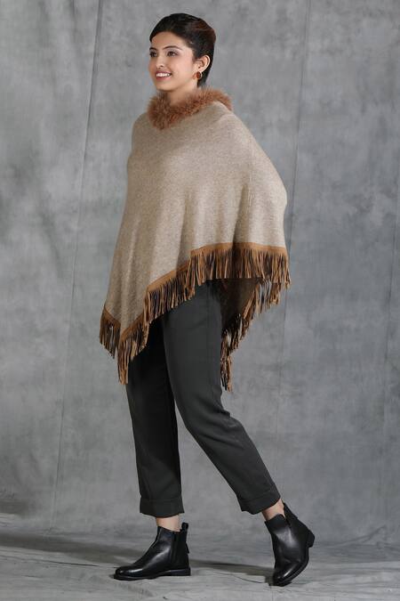 Shop Dusala Beige Cashmere Fine Wool Round Handwoven Poncho Online at Aza Fashions Shop_Dusala_Beige Cashmere Fine Wool Round Handwoven Poncho_Online_at_Aza_Fashions
