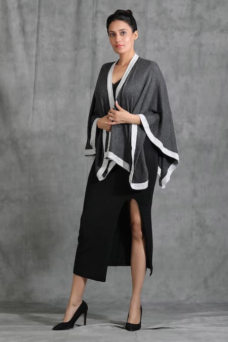 Dusala_Black Handwoven Pashmina Cape Open  _Online_at_Aza_Fashions