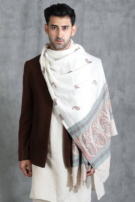 Dusala White Embroidered Handwoven Cashmere Wool Paisley Thread Work Stole Online at Aza Fashions Dusala_White Embroidered Handwoven Cashmere Wool Paisley Thread Work Stole_Online_at_Aza_Fashions