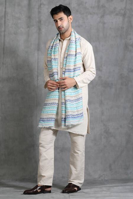 Dusala_Blue Woven Cashmere Fine Wool Zig Zag Stole_Online_at_Aza_Fashions