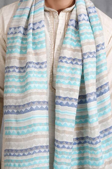 Buy_Dusala_Blue Woven Cashmere Fine Wool Zig Zag Stole_Online_at_Aza_Fashions