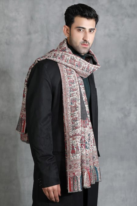 Buy Dusala Grey Woven Pashmina Wool Baraat Pattern Stole Online at Aza Fashions Buy_Dusala_Grey Woven Pashmina Wool Baraat Pattern Stole _Online_at_Aza_Fashions