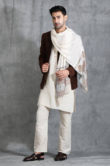 Buy White Embroidered Handwoven Cashmere Fine Wool Kani Cutting