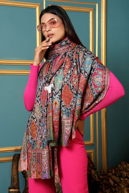 Dusala_Multi Color Handwoven Pashmina Wool Kalamkari Design Shawl_Online_at_Aza_Fashions