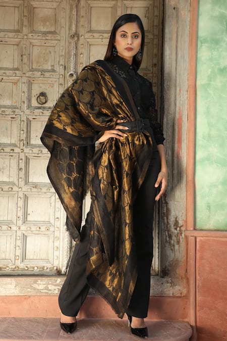 Dusala_Black Handwoven Cashmere Fine Wool Golden Zari Shawl _Online_at_Aza_Fashions