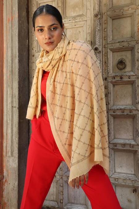 Dusala_Yellow Diagonal Stone Work Stole_Online_at_Aza_Fashions