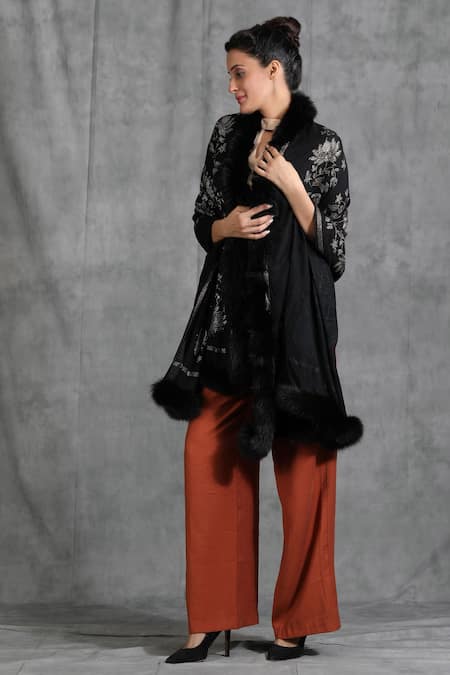 Dusala_Black Handwoven Lotus Design Swarovski Work Stole _Online_at_Aza_Fashions