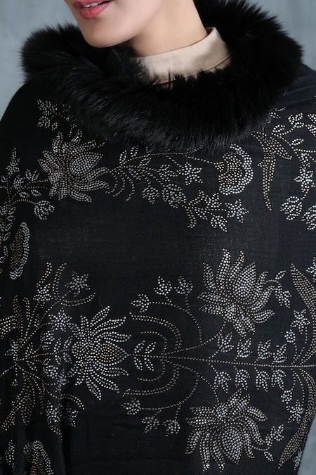 Shop_Dusala_Black Handwoven Lotus Design Swarovski Work Stole _Online_at_Aza_Fashions