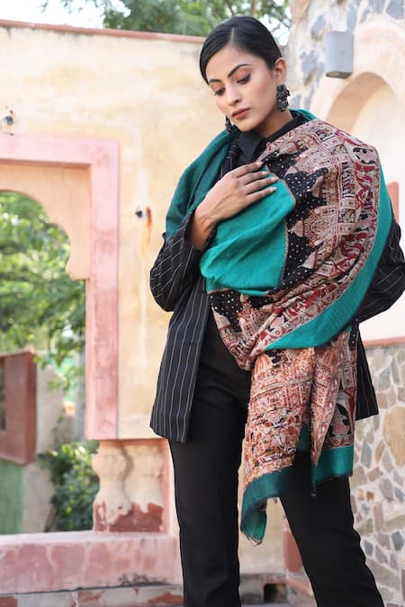 Dusala_Green Handwoven Aari Work Stole _Online_at_Aza_Fashions