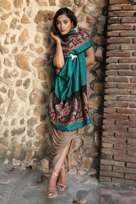 Shop_Dusala_Green Handwoven Aari Work Stole _Online_at_Aza_Fashions