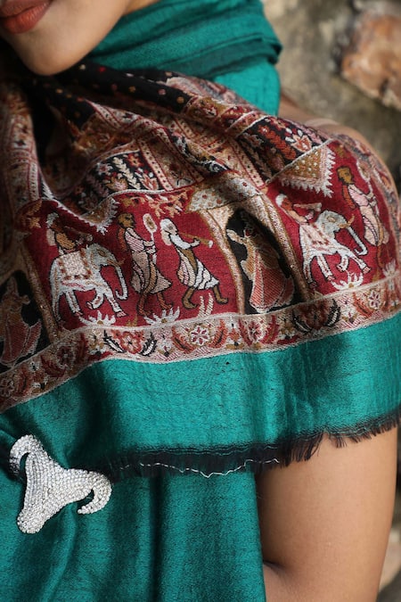 Dusala_Green Handwoven Aari Work Stole _at_Aza_Fashions