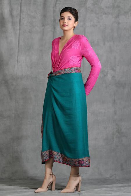 Dusala_Blue Hand Embroidery Handwoven Pashmina Patchwork Border Shawl_Online_at_Aza_Fashions