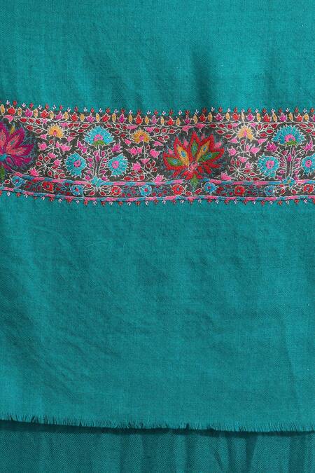 Buy_Dusala_Blue Hand Embroidery Handwoven Pashmina Patchwork Border Shawl_Online_at_Aza_Fashions