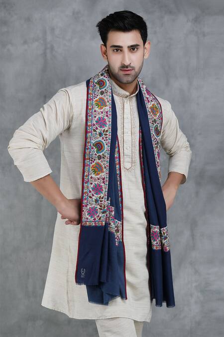 Dusala Blue Hand Embroidery Handwoven Pashmina Patch Work Border Shawl Online at Aza Fashions Dusala_Blue Hand Embroidery Handwoven Pashmina Patch Work Border Shawl_Online_at_Aza_Fashions