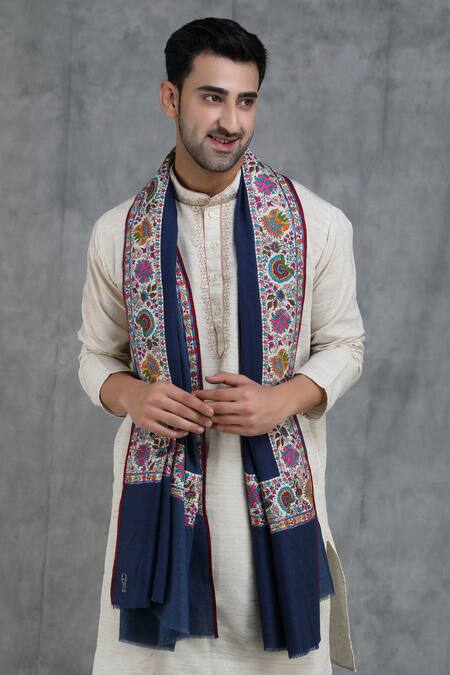 Shop Dusala Blue Hand Embroidery Handwoven Pashmina Patch Work Border Shawl Online at Aza Fashions Shop_Dusala_Blue Hand Embroidery Handwoven Pashmina Patch Work Border Shawl_Online_at_Aza_Fashions