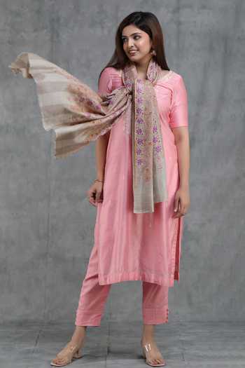 Dusala_Beige Handwoven Pashmina Cashmere Wool Gulab Work Shawl_Online_at_Aza_Fashions