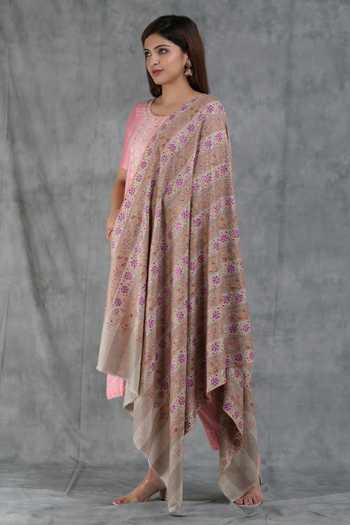 Buy_Dusala_Beige Handwoven Pashmina Cashmere Wool Gulab Work Shawl_Online_at_Aza_Fashions