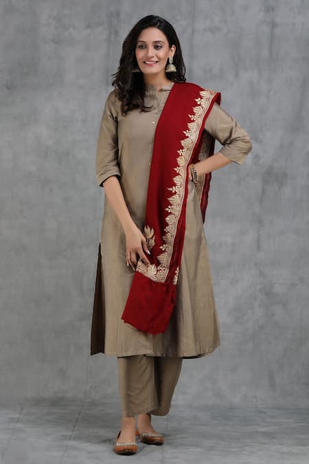 Dusala_Maroon Zari Hand Embroidered Handwoven Pashmina Lotus Pattern Stole_Online_at_Aza_Fashions