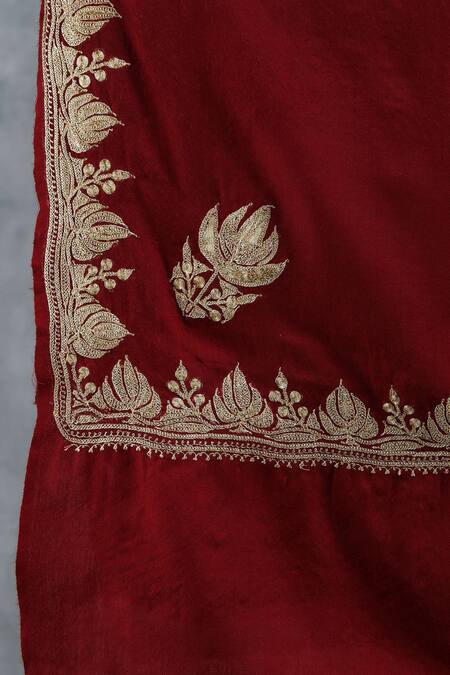 Buy_Dusala_Maroon Zari Hand Embroidered Handwoven Pashmina Lotus Pattern Stole_Online_at_Aza_Fashions