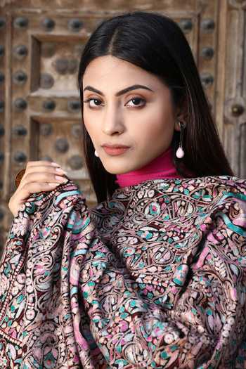 Dusala_Black Hand Embroidery Jama Paper Mache Shawl_Online_at_Aza_Fashions