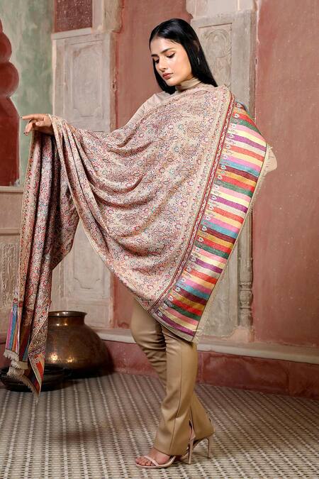 Dusala_Multi Color Hand Embroidery Handmade Pashmina Yamberzal Design Shawl_Online_at_Aza_Fashions