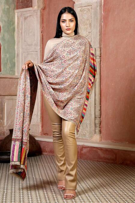 Buy_Dusala_Multi Color Hand Embroidery Handmade Pashmina Yamberzal Design Shawl_Online_at_Aza_Fashions