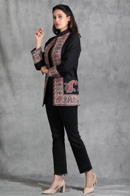 Dusala Black Pashmina Thread Band Collar Handwoven Vintage Jacket Online at Aza Fashions Dusala_Black Pashmina Thread Band Collar Handwoven Vintage Jacket _Online_at_Aza_Fashions