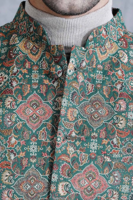 Shop_Dusala_Green Pashmina Thread Paisley Motif Bundi_Online_at_Aza_Fashions