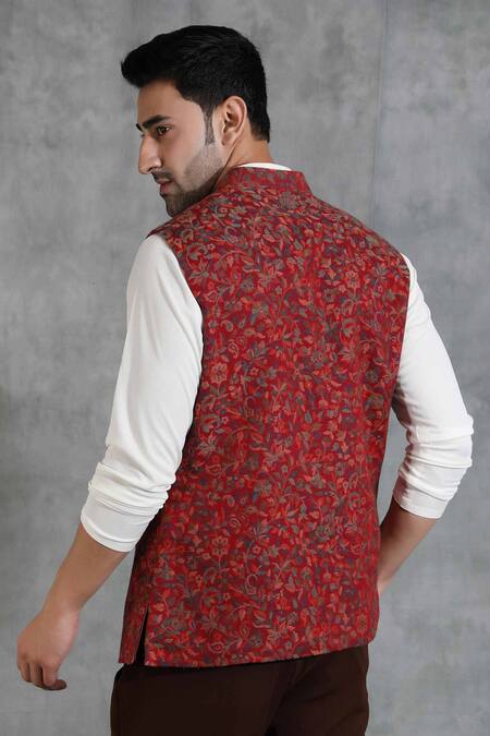 Shop Dusala Red Pashmina Thread Embroidered Floral Bundi Online at Aza Fashions Shop_Dusala_Red Pashmina Thread Embroidered Floral Bundi _Online_at_Aza_Fashions