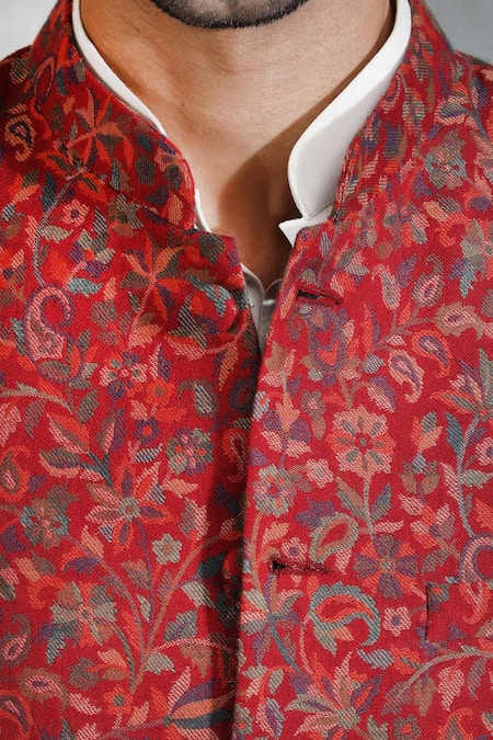 Dusala Red Pashmina Thread Embroidered Floral Bundi at Aza Fashions Dusala_Red Pashmina Thread Embroidered Floral Bundi _at_Aza_Fashions