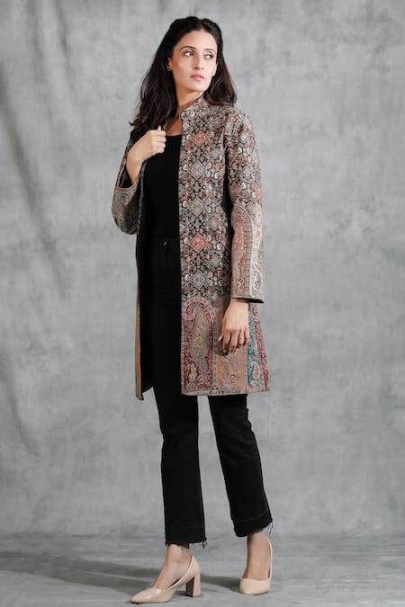 Dusala Black Pashmina Thread Band Collar Handwoven Long Jacket Online at Aza Fashions Dusala_Black Pashmina Thread Band Collar Handwoven Long Jacket _Online_at_Aza_Fashions