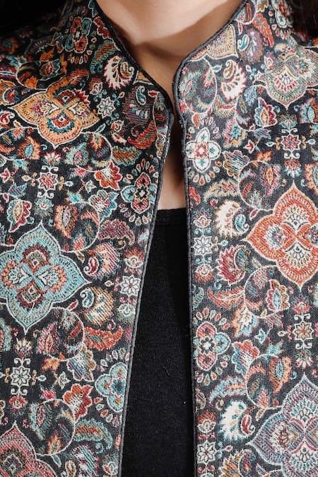 Buy Dusala Black Pashmina Thread Band Collar Handwoven Long Jacket Online at Aza Fashions Buy_Dusala_Black Pashmina Thread Band Collar Handwoven Long Jacket _Online_at_Aza_Fashions